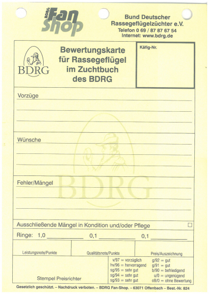 Bewertungskarten Block Zuchtbuch 50 Stück